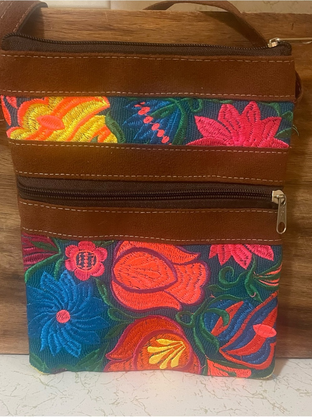 Handcrafted Artisan Floral Embroidered Suede Crossbody Bag with Adjustable Strap